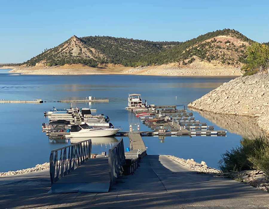 Glendo Reservoir dock with boats parked at the dock